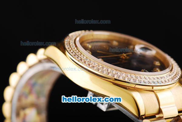 Rolex Day-Date II Automatic Movement Full Gold with Double Row Diamond Bezel-Blue Dial and Diamond Markers - Click Image to Close